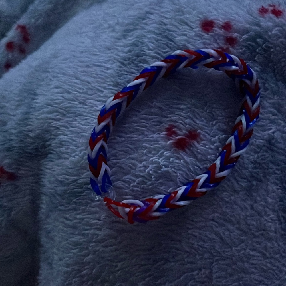 Red, white, and blue Rainbow loom bracket